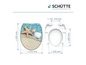 Un abattant de toilette avec un imprimé étoile de mer et coquillages, blanc, avec dimensions.