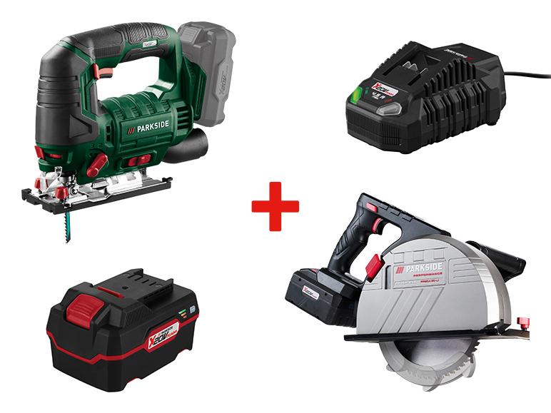 Ensemble d'outils Parkside : scie à métaux et scie sauteuse avec batteries et chargeur.