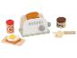 Ensemble de jeu de petit-déjeuner en bois avec grille-pain et aliments.