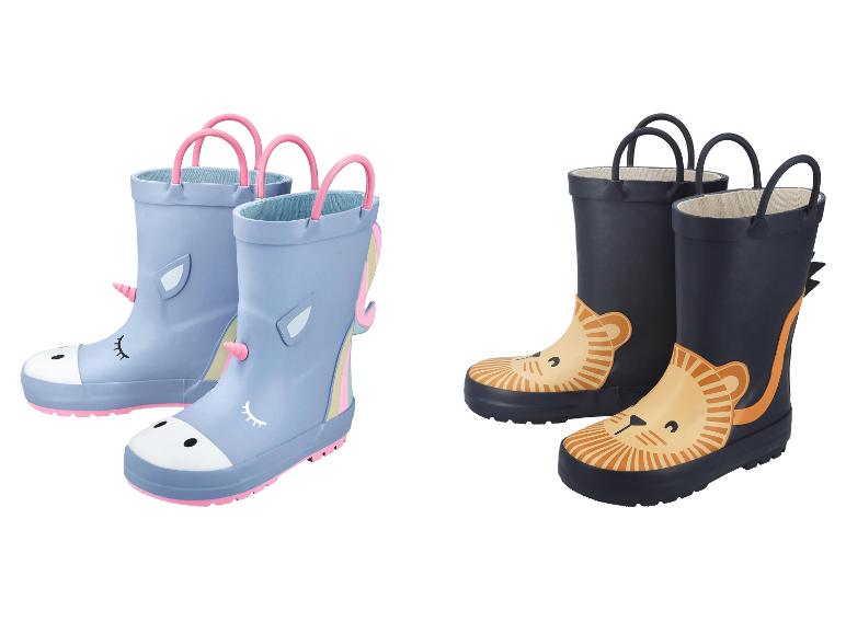 Bottes de pluie pour enfants: bleues avec licorne et bleu marine avec lion.