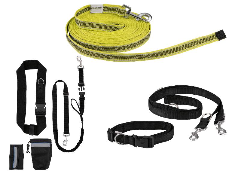 Laisse réfléchissante vert lime pour chien, collier noir et autres accessoires pour chien.