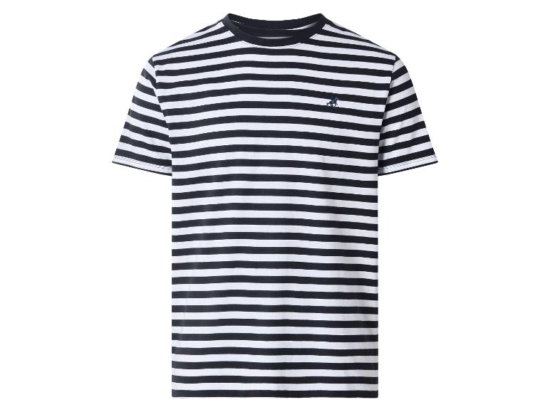 T-shirt à manches courtes rayé noir et blanc avec un petit logo bleu.