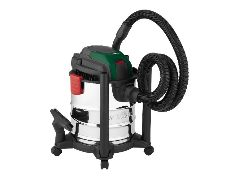 Aspirateur eau et poussière Parkside avec tuyau et accessoires, sur fond blanc.