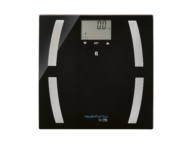 Pèse-personne numérique noir avec détails argentés et le texte 'HealthForYou by Cien BEAUTY'.