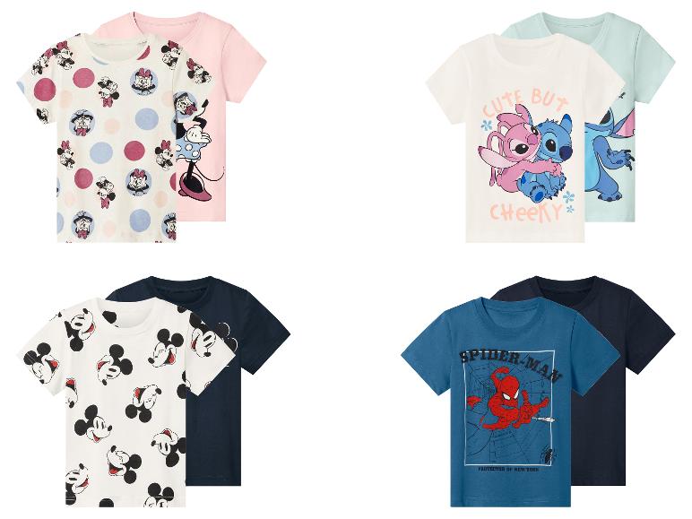 Lot de quatre t-shirts à manches courtes pour enfants avec imprimés Minnie Mouse, Stitch et Spider-Man.