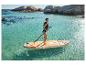 Femme en maillot de bain et gilet de sauvetage faisant du paddleboard dans l'eau turquoise avec des rochers.