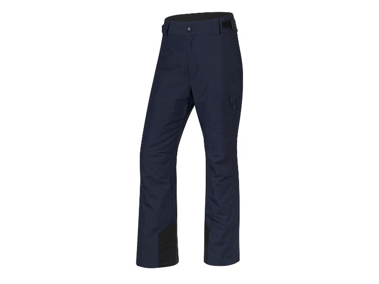 Pantalon de ski bleu foncé avec renforts noirs et poches zippées.