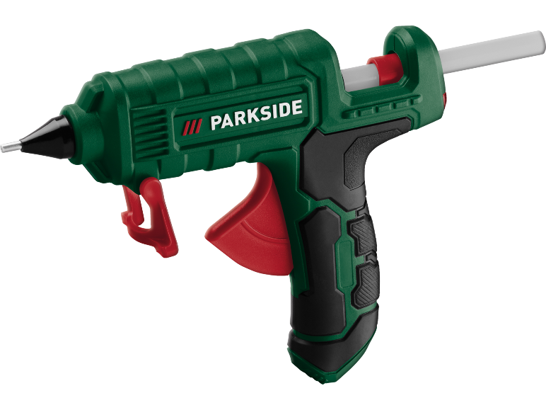 Pistolet à colle chaude vert et noir avec des accents rouges