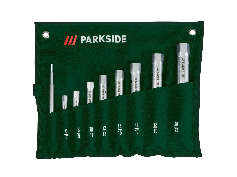 Jeu de 8 clés à tube avec barre de rotation dans une pochette verte, tailles de 6 à 22 mm.