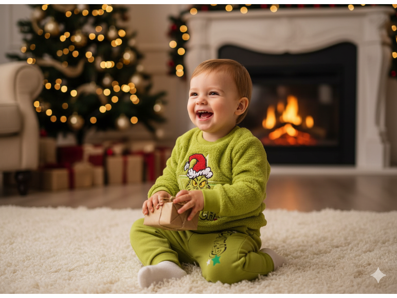 Bébé heureux en pyjama Grinch tient un cadeau devant un sapin de Noël et une cheminée.
