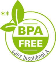 Étiquette : BPA FREE, sans bisphénol A, avec deux astérisques.