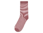 Une chaussette rose à rayures blanches.