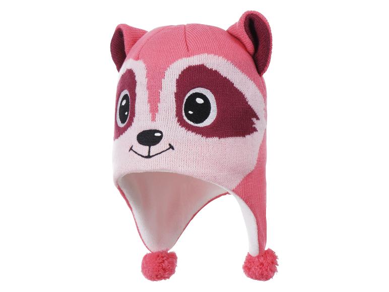 Bonnet enfant tricoté rose avec motif visage de raton laveur et cache-oreilles