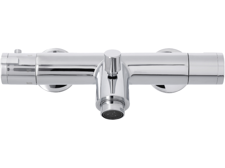 Mitigeur thermostatique de douche chromé avec bec central.