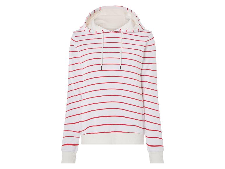 Sweat-shirt blanc à rayures rouges.