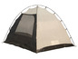 Une tente de camping noire et blanche avec une porte en filet.