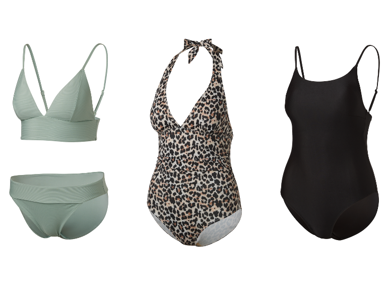 Trois maillots de bain : un bikini vert menthe, un maillot une pièce léopard et un maillot une pièce noir.