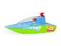 Bateau jouet bleu et vert avec une figurine et le texte 'Speed Wave'.