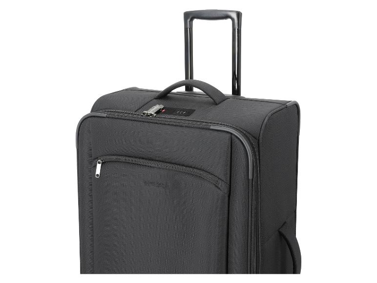 Valise de voyage en tissu gris avec poignée télescopique et serrure à combinaison.