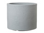 Pot de fleurs rond gris avec une surface rugueuse.