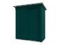 Abri de jardin métallique vert avec porte coulissante et toit en pente.
