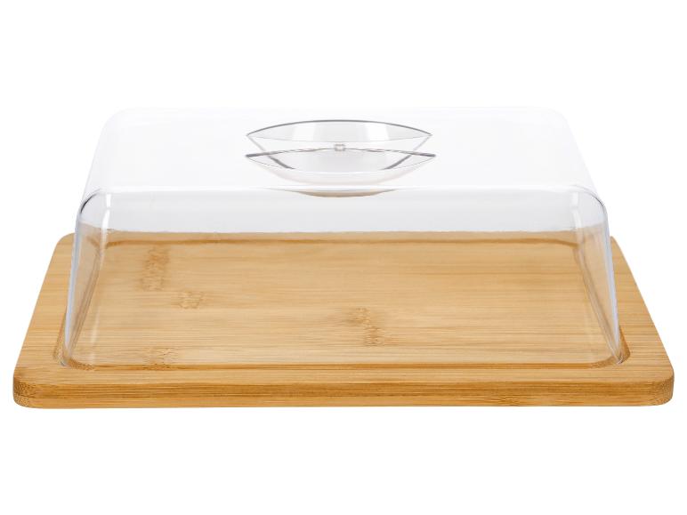 Planche en bois avec couvercle transparent en plastique pour fromage ou beurre.