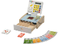 Caisse enregistreuse jouet en bois avec argent, carte de crédit et cartes de produits.
