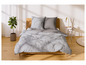 Un lit avec des draps gris à motif paisley.