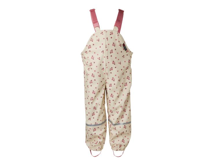 Salopette de pluie pour enfants avec motif floral rose et bretelles réglables.