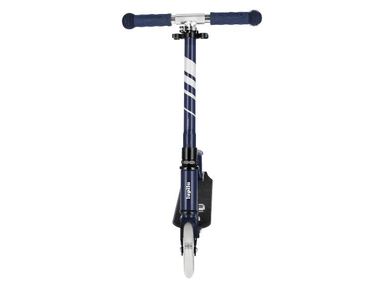 Trottinette Lupilu bleue avec rayures blanches et texte « SCOOTER » sur les poignées.