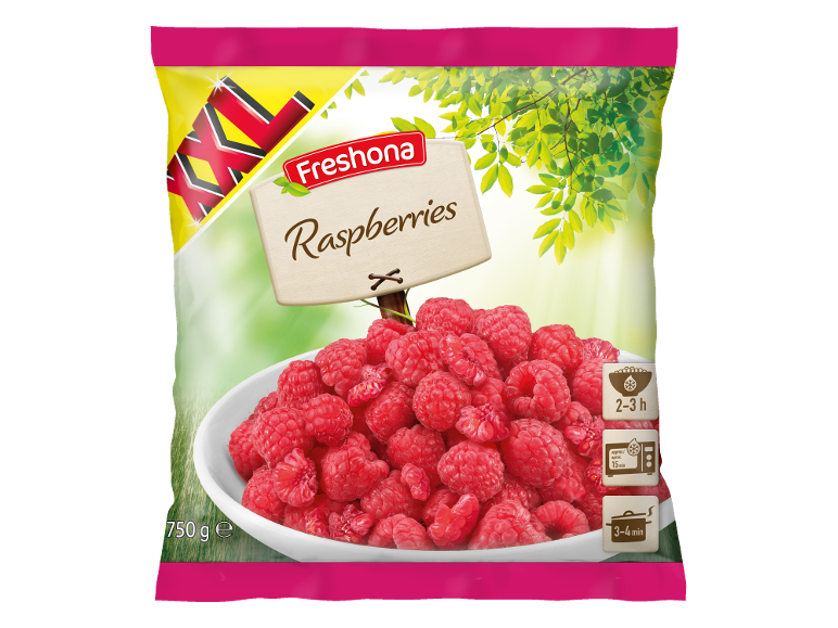 Sachet XXL de framboises surgelées (750g) avec instructions de préparation.
