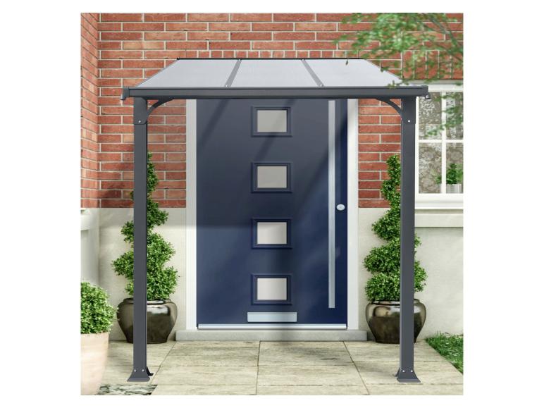 Auvent de porte gris foncé au-dessus d'une porte d'entrée bleue avec des plantes décoratives.