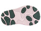La semelle d'une chaussure rose avec des détails verts, fabriquée en Italie.