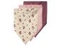 Trois bavoirs bandana en coton: un crème à motif floral, un rose et un violet foncé.
