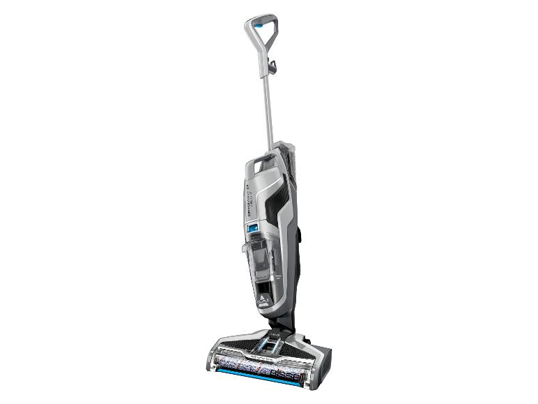 Aspirateur balai eau et poussière gris et noir avec des accents bleus.