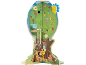 Centre d'activités en bois en forme d'arbre avec animaux et labyrinthes.