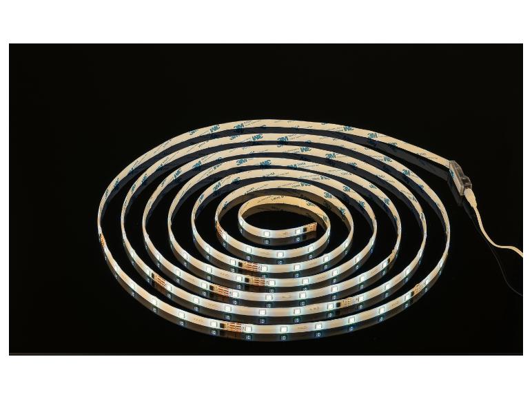 Bande LED blanche avec ruban adhésif 3M, enroulée.
