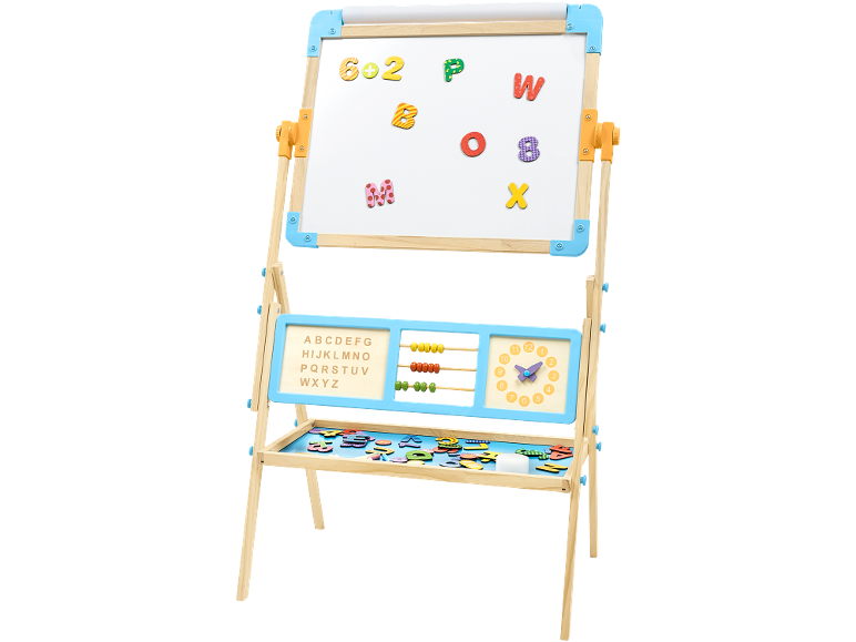 Chevalet pour enfants avec tableau blanc, boulier, horloge et lettres magnétiques.