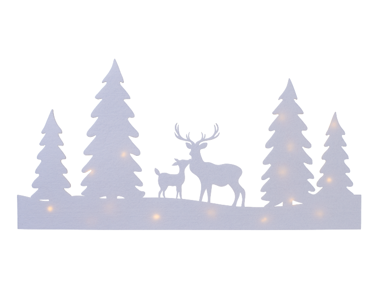 Décoration de Noël en bois avec éclairage LED, cerfs et sapins.