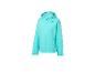 Une veste à capuche turquoise avec une fermeture éclair et un petit logo sur la poitrine.