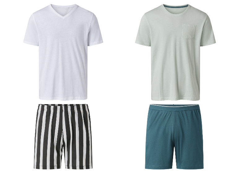 Pyjamas homme : t-shirt blanc col V et short rayé, t-shirt vert clair avec poche et short bleu marine.