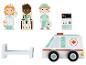 Jouet d'hôpital en bois : ambulance, infirmière, patient en fauteuil roulant et médecin.