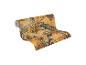 Rouleau de papier peint jaune vif avec motif de feuilles tropicales.