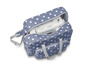Un sac bleu à pois blancs contenant une machine à coudre.