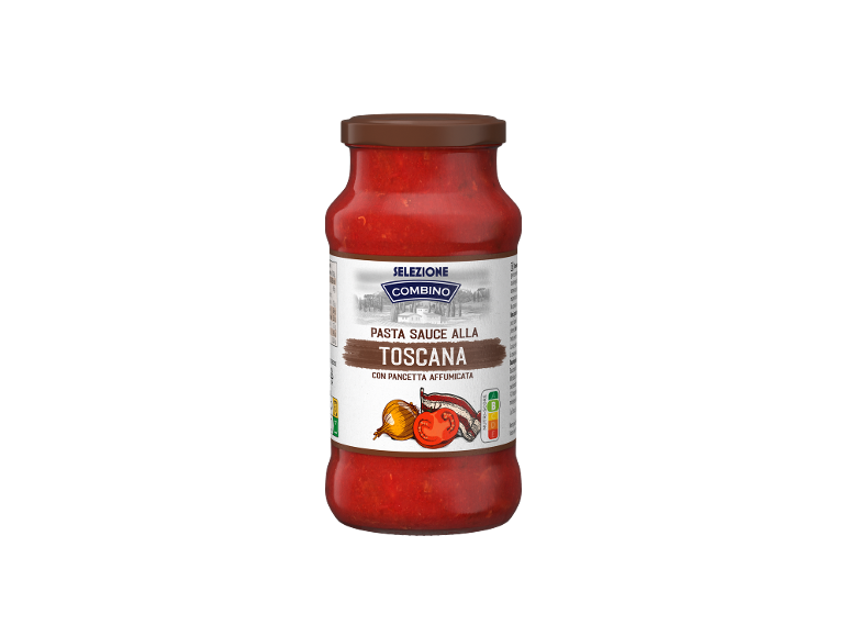 Pot de sauce pâtes toscane avec pancetta fumée, oignon et illustration de tomate.