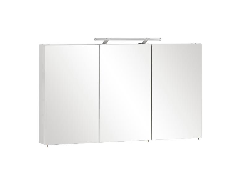 Armoire de salle de bain blanche à trois portes avec miroir et éclairage