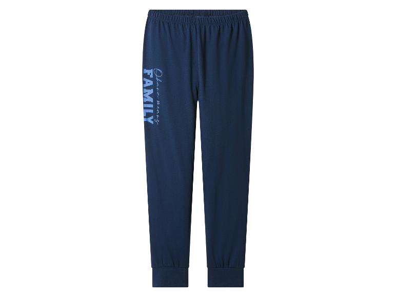 Bas de pyjama bleu marine avec texte bleu clair 'Ohana means FAMILY'.