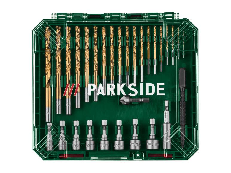 Ensemble de forets et d'embouts dans une boîte verte avec outils et le texte 'PARKSIDE'.