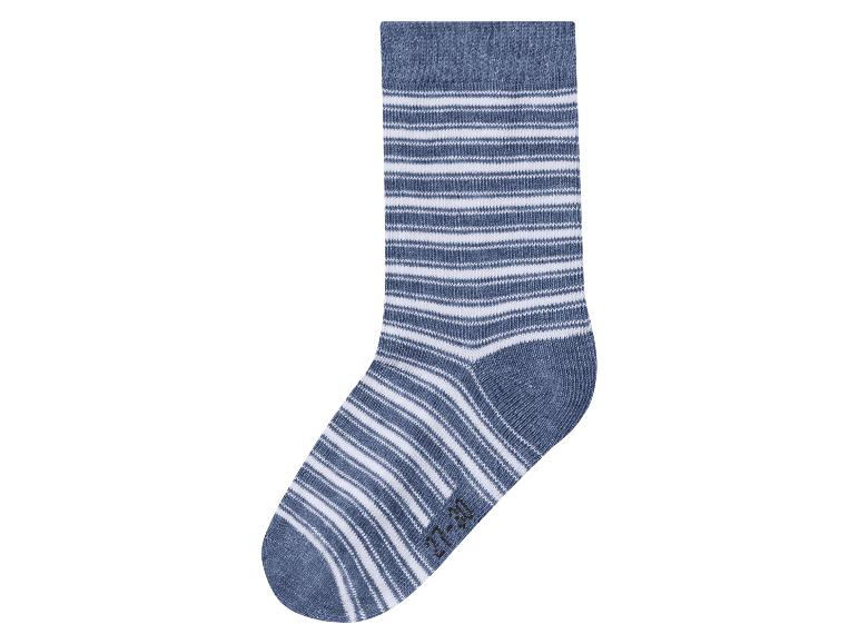 Chaussette rayée bleue et blanche avec indication de taille 27-30.