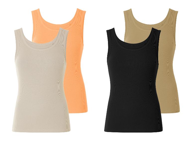 Deux débardeurs côtelés, beige et noir, avec deux autres en orange et beige clair.